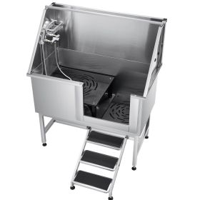 Stainless Steel Dog Washing Station 50 Inch Pet Grooming Tub with Low-Slope Non-Slip Stairs, Hot & Cold Faucet, Showerhead, Home Wash Sink